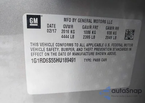 2017 Chevrolet Volt Premier z USA, uszkodzony, nr VIN 1G1RD6S55HU189491